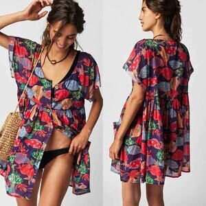 Free People Purple V-Neck Flutter Sleeve Mini Dress